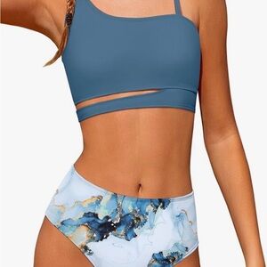 Blue and Marble Print Women's Swim Set